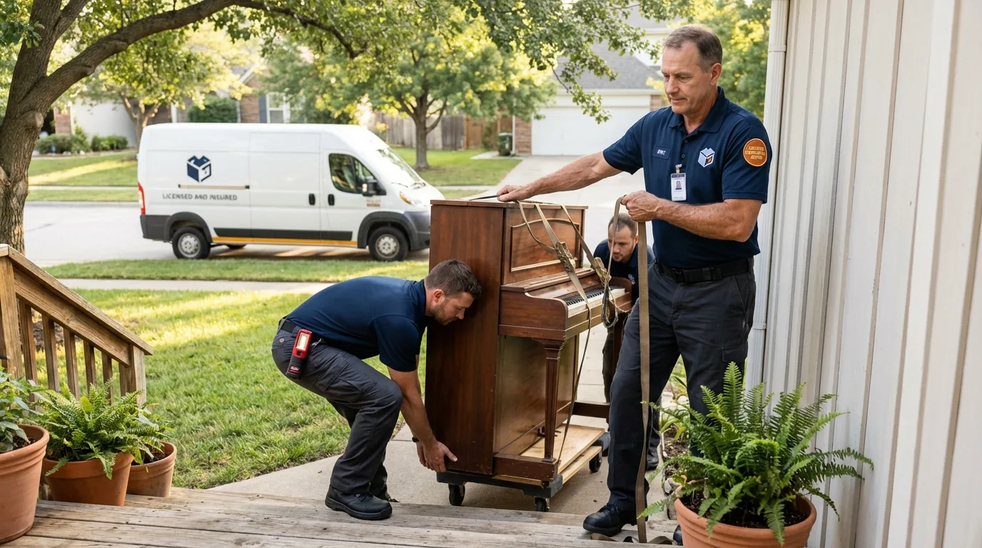 Licensed piano movers securing grand piano in Wappingers Falls, NY