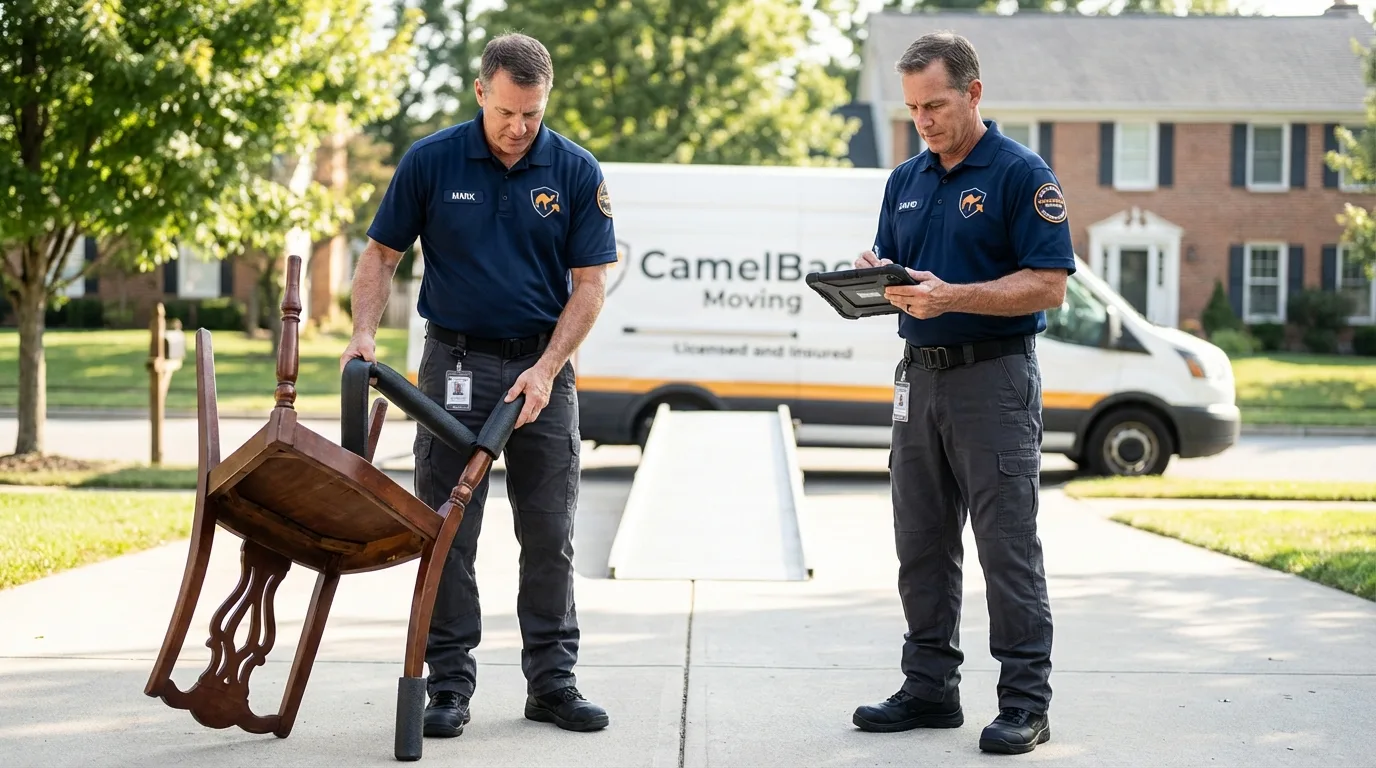 Movers inspecting furniture for damage prevention before loading in Wappingers Falls, NY