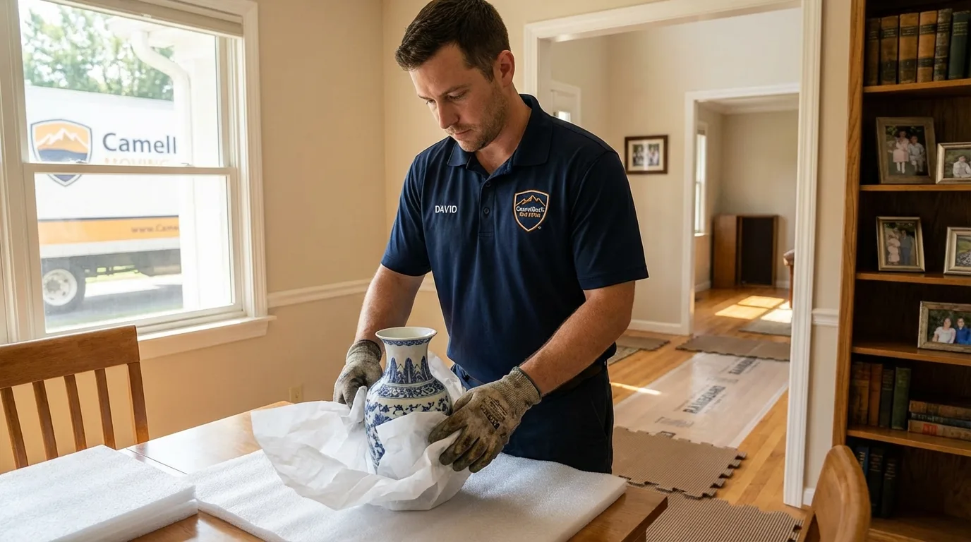 Professional crew carefully wrapping antique vase for senior downsizing move in Wappingers Falls, NY
